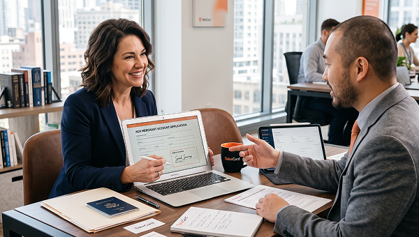 Business owner preparing documents for an ACH merchant account application