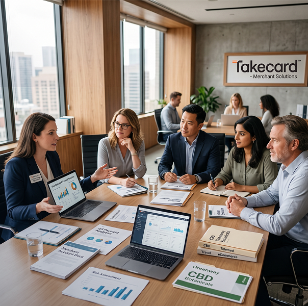 Business team reviewing high-risk merchant account solutions
