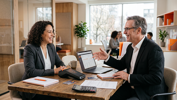Business owners discussing merchant services